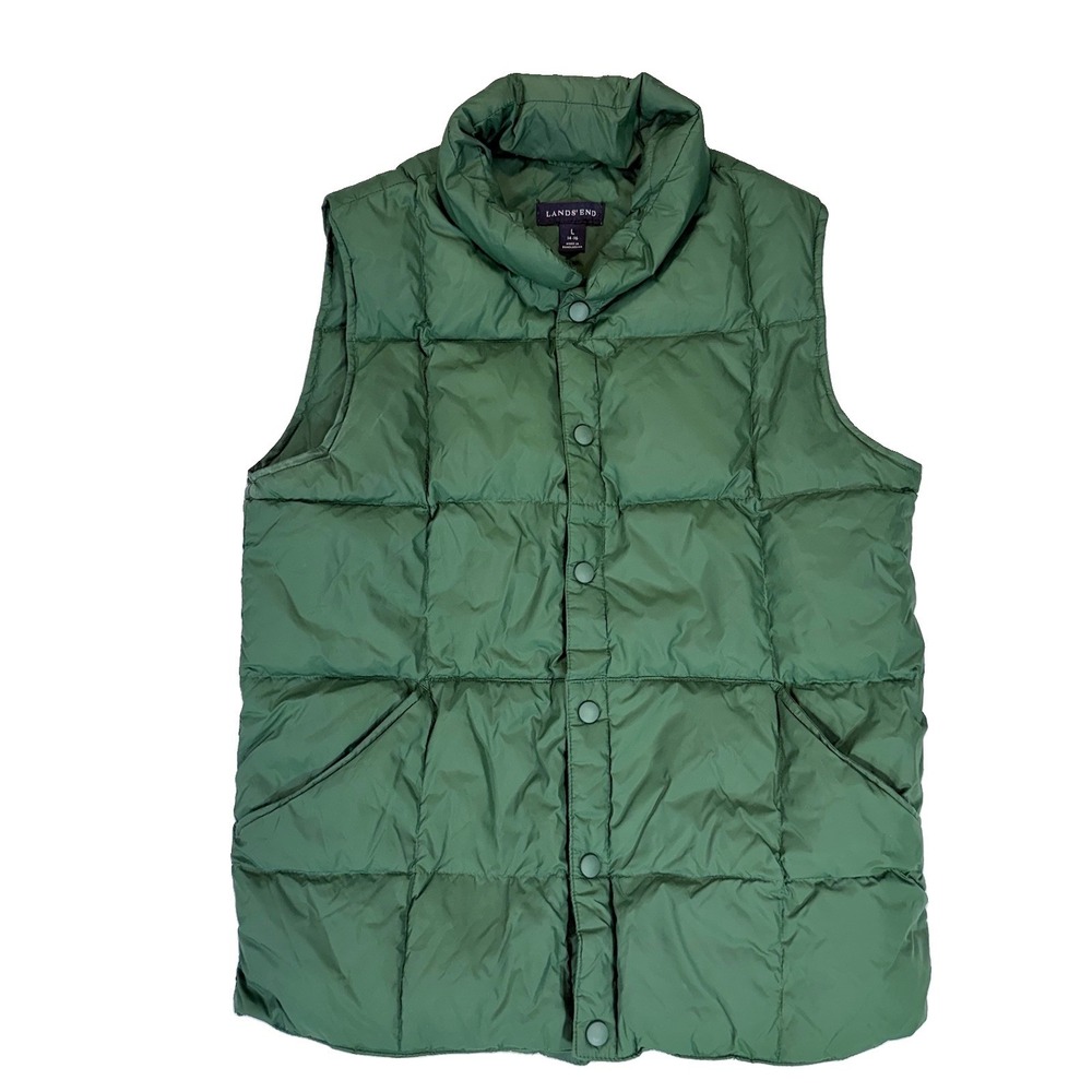 Lands' End Women's Down Puffer Vest Green Size L 14-16 Snap Front Preppy Cozy